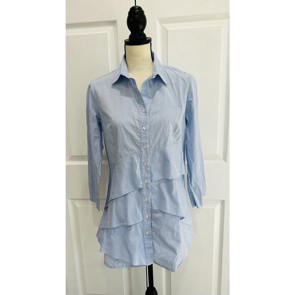 FINLEY Jenna Tunic Blouse Blue White Stripe Tiered Ruffle Button Up Top Small - Picture 1 of 6